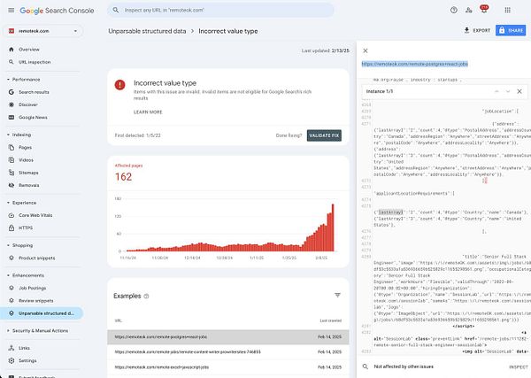 The image displays a Google Search Console interface highlighting issues with unparseable structured data for the website remoteok.com.