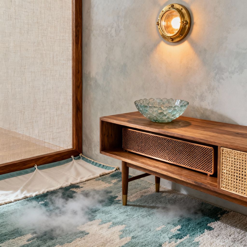 A coastal media room vignette featuring a mid-century walnut console with cane-front and perforated rattan drawers and an open shelf, topped with a bubbled sea-glass bowl. A round brass porthole sconce casts warm light on a pale gray-blue limewash wall. A teal and ivory wave-patterned rug lies beneath, next to a wood-framed linen screen with a stitched sailcloth detail along the floor edge.