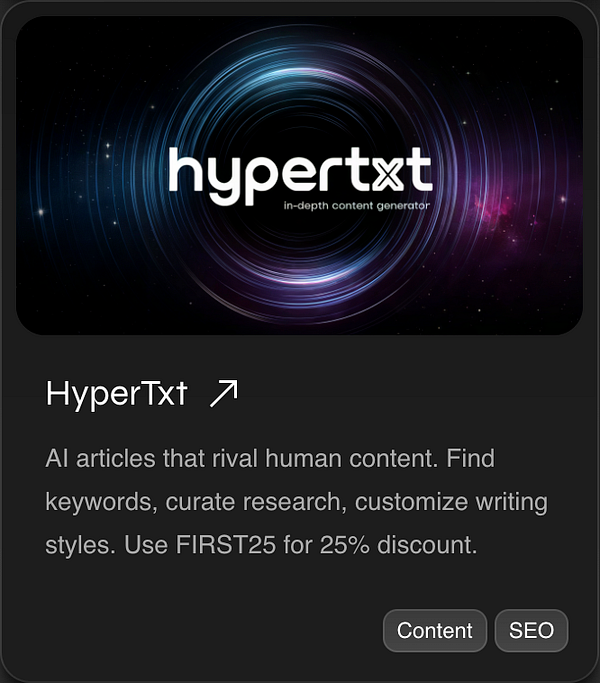 The image promotes the AI content generation tool HyperTxt with a visually striking background.