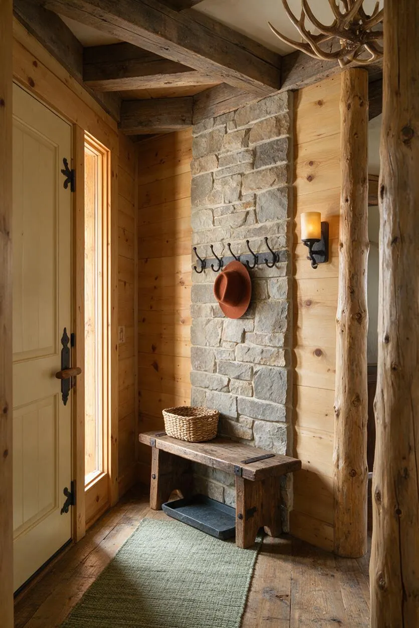 A rustic entryway with a stacked stone accent wall, exposed wood beams, and log-style posts. A simple wooden bench, woven basket, wall hooks, and a warm lantern sconce create a cozy, functional mudroom feel.