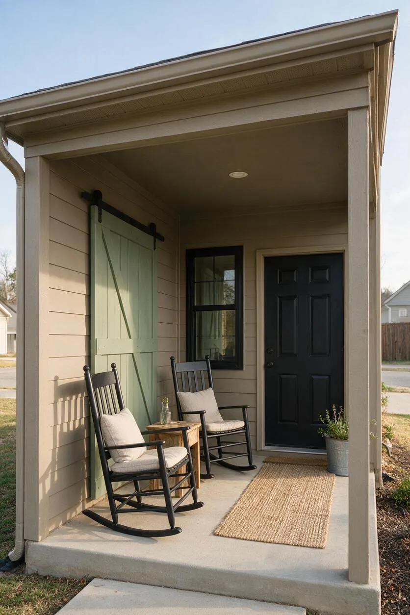 A small farmhouse front porch with beige horizontal siding, a black front door, and a mint green barn-style sliding shutter. Two black wooden rocking chairs with light cushions flank a small wood side table, with a woven neutral rug and a galvanized planter adding rustic charm.