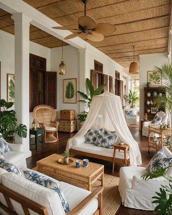 A tropical front porch with white upholstered seating, palm-patterned pillows, and a central daybed draped in sheer mosquito netting. The space features rattan and woven furniture, dark wood floors, shuttered windows, lush potted plants, and a woven ceiling with hanging lanterns and a ceiling fan.