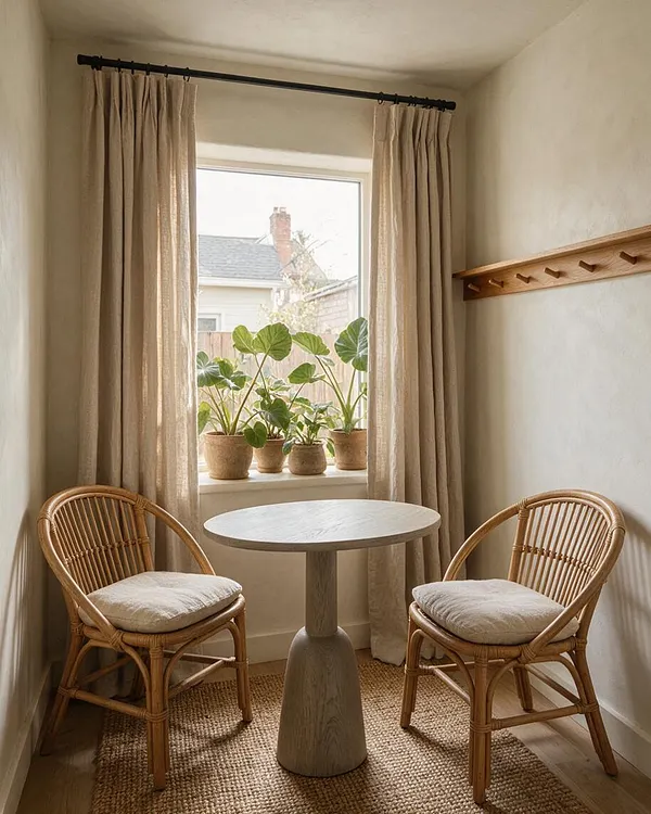 A small sunroom nook with two curved rattan chairs and pale seat cushions facing a round pedestal table with a light wood finish. Linen curtains frame a bright window with potted green plants, while a woven natural fiber rug and a simple wood coat rack complete the warm, earthy space.