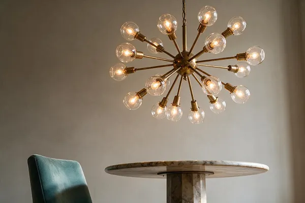 A modern eclectic interior detail featuring a brass starburst chandelier with multiple clear globe bulbs hanging above a round marble-topped table. A teal upholstered chair is partially visible at the lower left against a soft neutral wall.