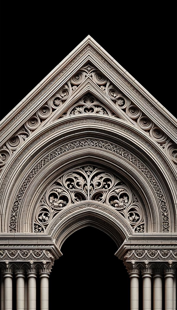 A detailed view of a spandrel adorned with intricate carvings and artwork, situated between the curve of an arch and the rectangular frame surrounding it.