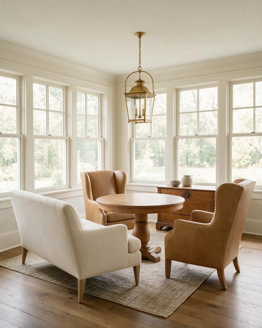 A bright transitional game room with a round wooden table surrounded by three upholstered armchairs in cream and tan. Large grid windows wrap the room, and a brass lantern pendant hangs above a natural jute rug and warm wood floor.