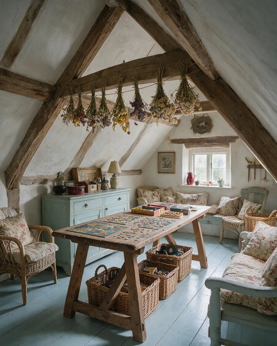 A cozy cottagecore game room with exposed wooden beams, white plaster walls, and a pale blue painted floor. A large rustic wooden table holds puzzle boards and games, surrounded by wicker baskets and floral-upholstered chairs beneath hanging bundles of dried flowers.
