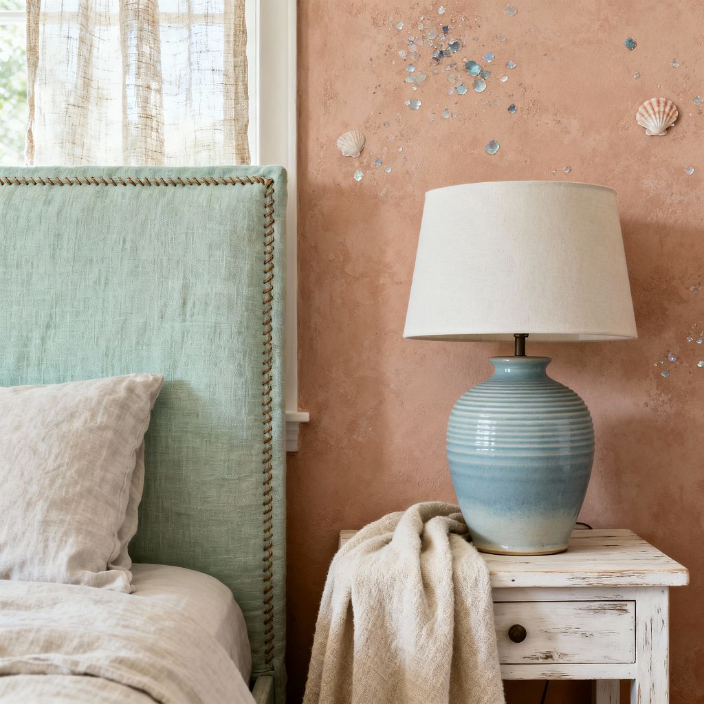 Close-up of a coastal-style bedroom corner featuring a tall seafoam linen upholstered headboard edged with braided jute trim. Neutral linen bedding sits beside a whitewashed, distressed wood nightstand topped with a ribbed ombré blue ceramic lamp and a cream shade. A textured terracotta wall shows small sea-glass flecks and shell accents, while sheer beige curtains filter daylight from a window with white trim.