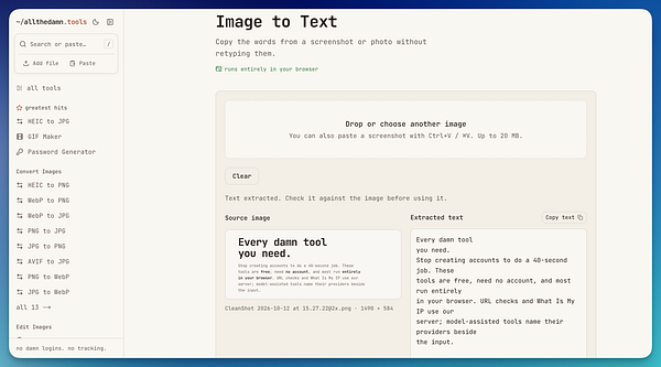 Screenshot of an 'Image to Text' OCR web tool interface showcasing text extraction from an image.