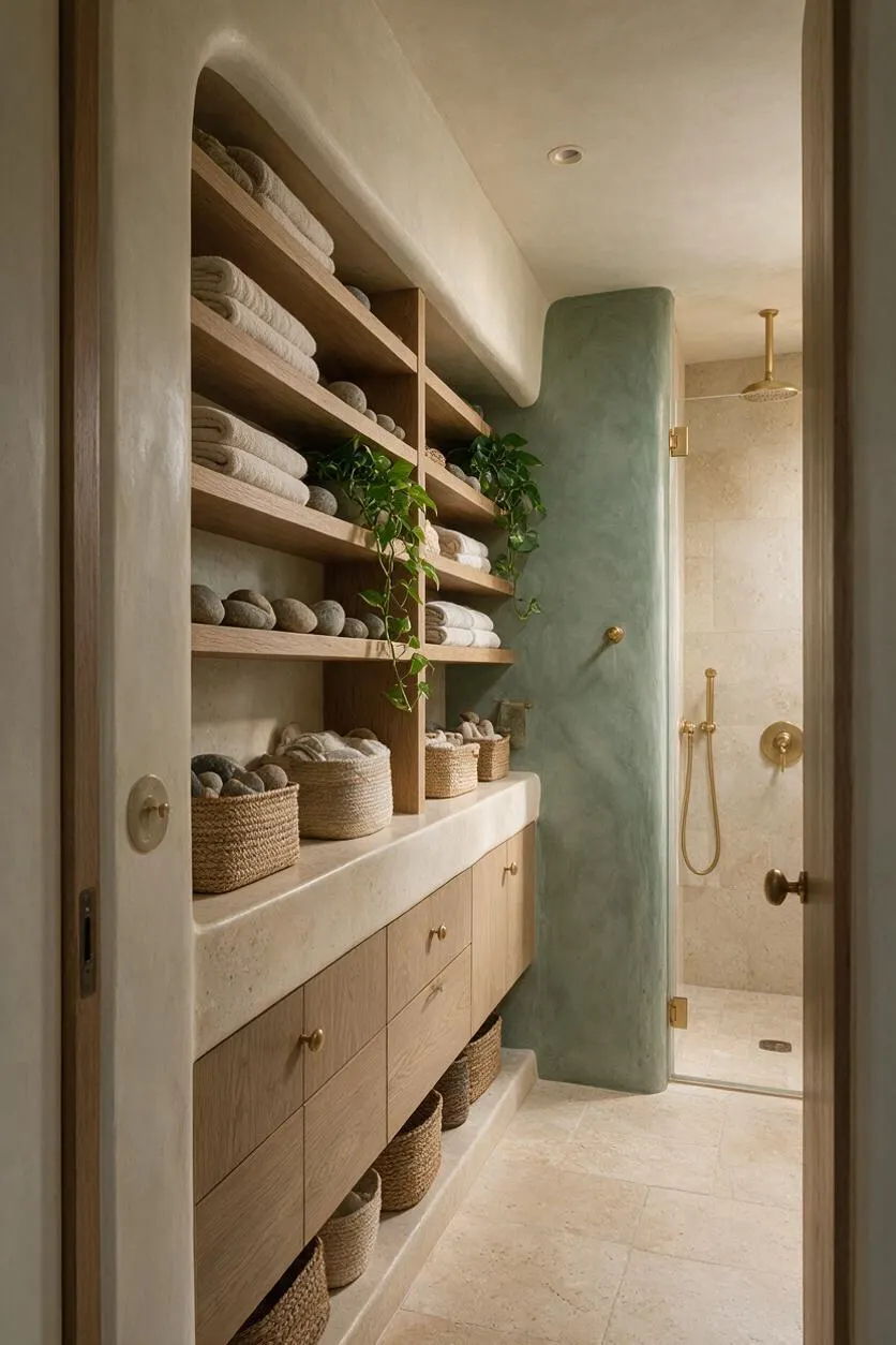 A calm master bathroom with open oak shelving, woven baskets, folded white towels, and trailing greenery above a pale stone vanity. A soft green plaster shower partition, brass fixtures, and light beige tile create a natural, spa-like atmosphere.