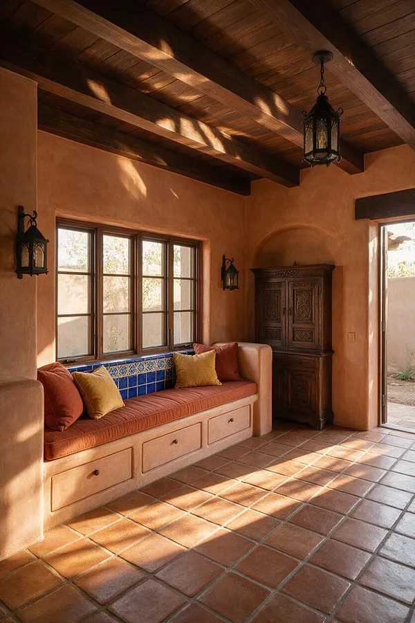 A warm Mediterranean-style sunroom with terracotta walls, a dark wood ceiling with exposed beams, and a terracotta tile floor. Along one wall is a built-in bench with rust-colored cushions, yellow accent pillows, blue tile trim, and carved wood storage cabinets, lit by wrought-iron lanterns and sunlight streaming through wooden-framed windows.