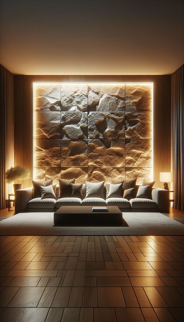 A modern living room with backlighting enhancing the texture of a stone wall behind the sofa, creating a warm and inviting atmosphere.