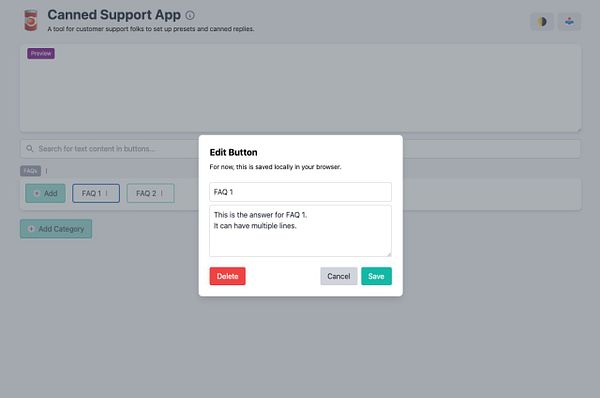 The image displays a user interface for the Canned Support App, featuring an edit modal for FAQ buttons.