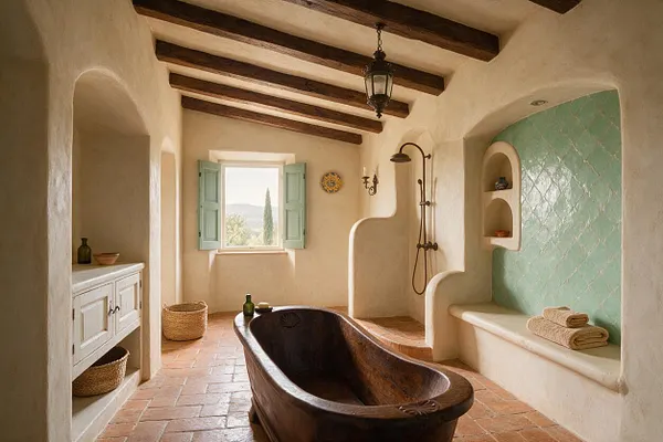 A Mediterranean-style master bathroom with white plaster walls, exposed dark wood ceiling beams, a terracotta tile floor, and mint green shuttered windows. The room features a carved wooden soaking tub, built-in stucco niches and bench seating, a brass shower fixture, and woven baskets with folded towels.