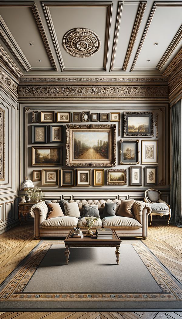 A cozy living room with high ceilings featuring a detailed picture rail from which several framed artworks are hung, enhancing the room's decorative appeal.