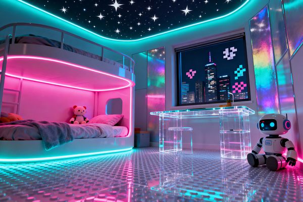 A kids’ bedroom in cyberpunk style features a white curved bunk bed outlined with pink and cyan LED strips, a transparent acrylic desk and stool, and a glossy floor with raised circular studs reflecting neon light. A starry night ceiling, iridescent wall panels, pixel decals on a window overlooking a futuristic cityscape, a plush toy on the lower bunk, and a small robot toy complete the scene.