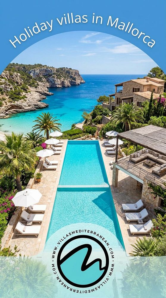 A tropical beach setting with a hammock tied between two palm trees over sandy shore and turquoise water under a partly cloudy sky.
