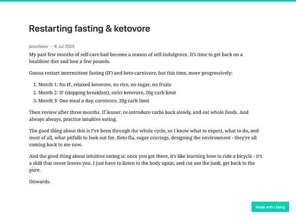 A detailed plan for restarting intermittent fasting and a ketovore diet is outlined in the image.