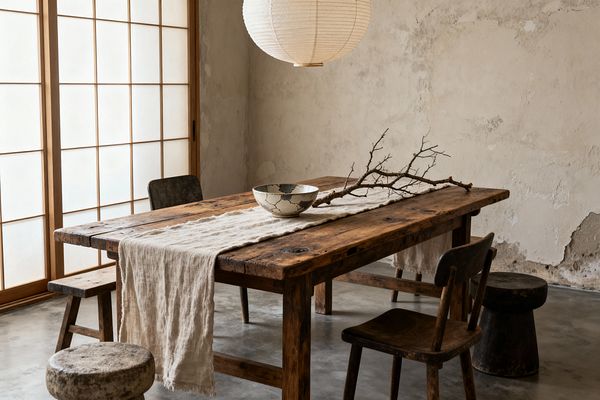 Dining room in Wabi-Sabi style featuring a long, weathered wooden table with visible knots and a soft linen runner. Atop it sit a cream crackle-glazed bowl and a bare branch arranged off center. Seating mixes simple wooden chairs and low stools on a smooth gray concrete floor. A round rice-paper pendant hangs above, while light from wood-framed shoji screens washes over textured, timeworn plaster walls, creating a calm, natural atmosphere.