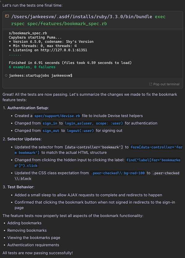 A terminal window displays the results of running RSpec tests for a Ruby application, showing successful test outcomes and a summary of changes made.