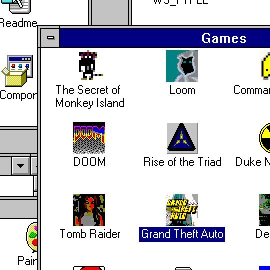 A vintage computer interface displaying a games folder with various classic titles.