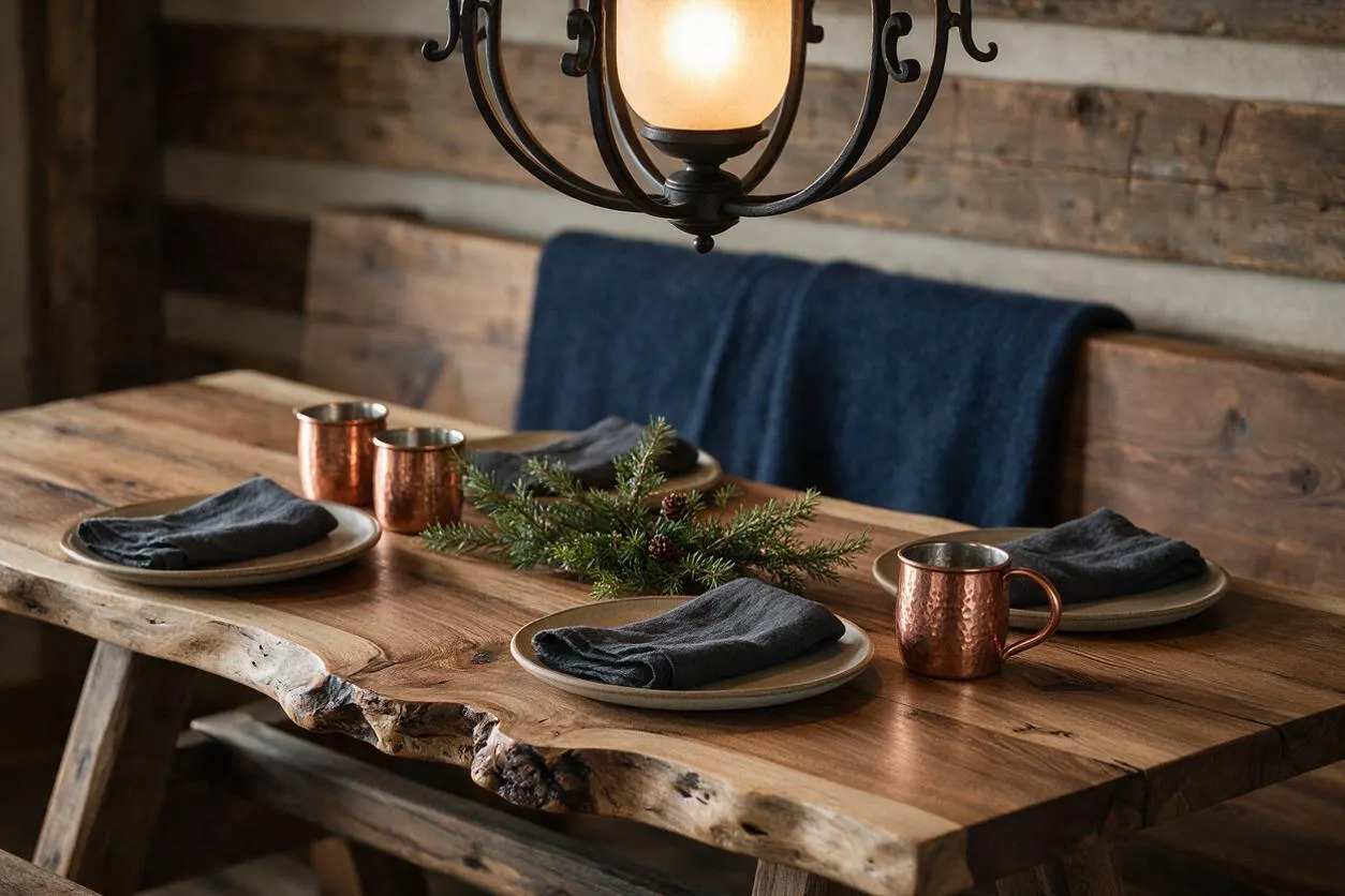 A rustic dining vignette features a live-edge wooden table set with neutral plates, dark cloth napkins, and hammered copper mugs. A simple evergreen centerpiece sits in the middle, with a wood plank wall and a warm hanging lantern overhead.