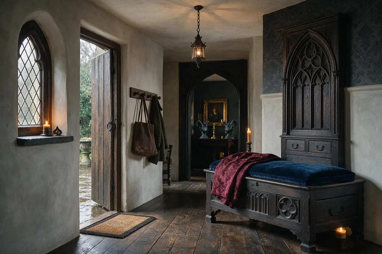 A narrow Gothic-style entryway with dark wood floors, plaster walls, and an arched leaded-glass window beside an open wooden door. A carved dark wood bench with a blue cushion and burgundy throw sits beneath a gothic cabinet, while candles, a lantern pendant, and a distant arched doorway create a dramatic, moody atmosphere.