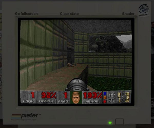 Screenshot of DOOM multiplayer gameplay showing a player in a futuristic arena shooting at an enemy with health and armor status.