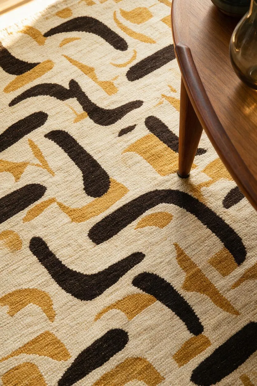 A close-up view of a Mid-Century Modern rug with an abstract geometric pattern in cream, mustard, and dark brown. A curved walnut wood table with tapered legs sits at the edge of the frame, adding warm contrast and a classic retro finish.