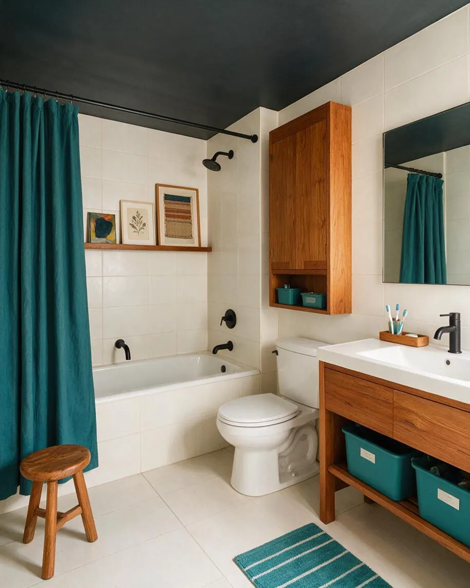 A compact eclectic bathroom with white tile walls and floor, a dark charcoal ceiling, teal shower curtain and rug, warm wood vanity and wall cabinet, a white tub and toilet, and black fixtures. Framed art on a small shelf and a wood stool add a personal, curated feel.