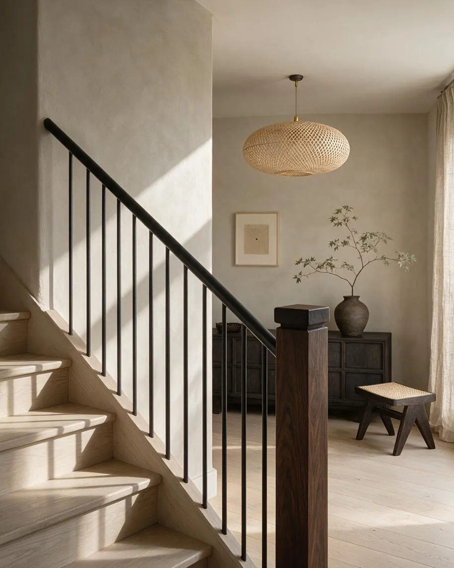 A serene Japandi-style interior with pale wood stairs and a dark metal railing in the foreground. In the background, a woven pendant light hangs over a minimalist console with a vase of branches, framed art, and a small woven stool beside sheer curtains.