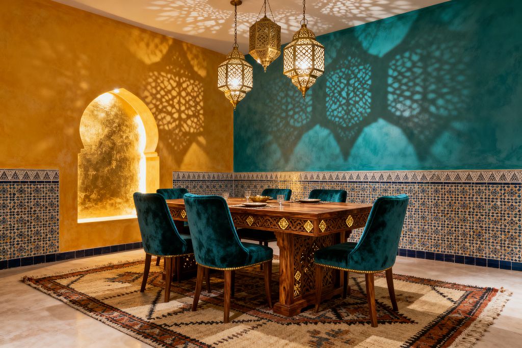 A Moroccan-style dining room with a carved wooden table inset with brass, surrounded by teal velvet chairs on a patterned wool rug. Saffron and teal plaster walls meet blue-and-white zellige tile wainscoting, a lit Moorish arched niche with a gold finish, and three pierced brass pendant lanterns that cast intricate geometric shadows across the ceiling and walls, creating a warm, dramatic atmosphere.