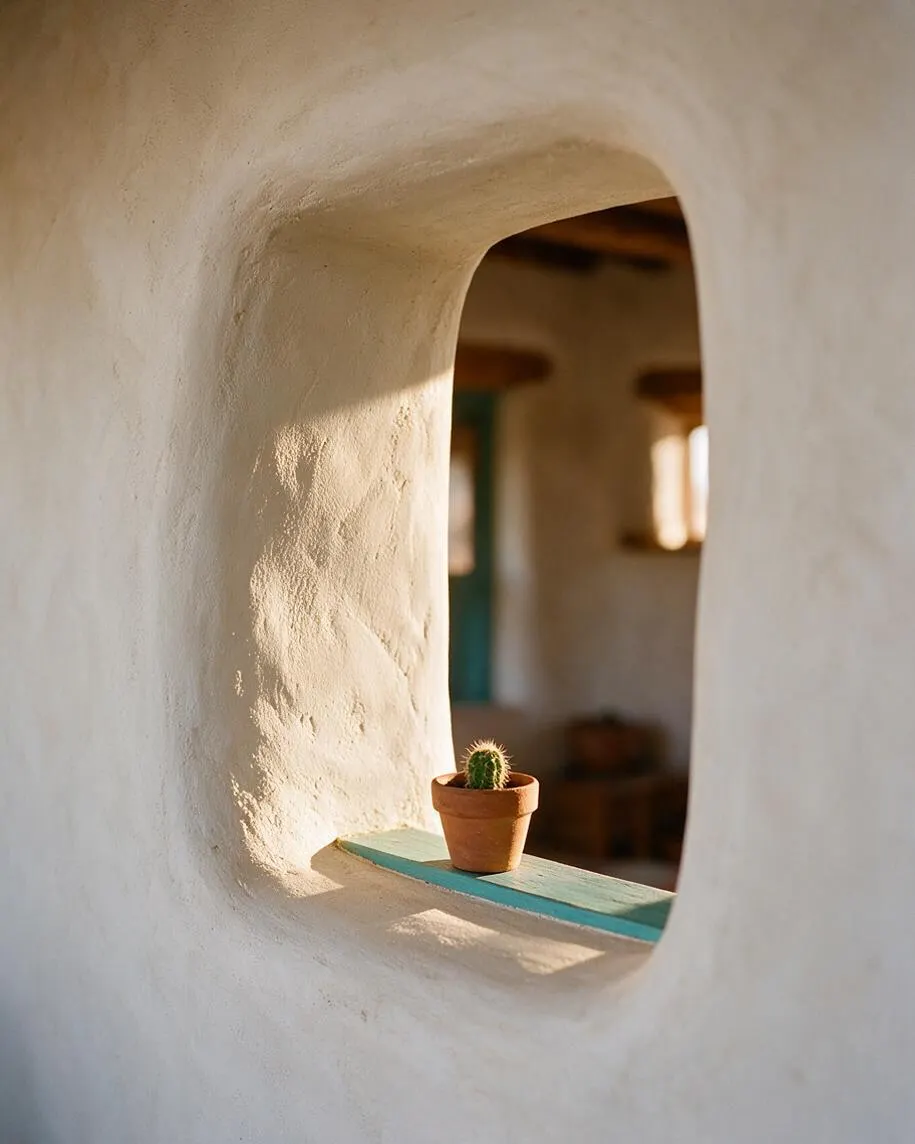 A white plastered adobe wall with a rounded cutout niche frames a small terracotta pot holding a cactus. The niche has a turquoise-painted ledge, and warm sunlight highlights the textured surface, with a softly blurred Southwestern interior visible beyond.