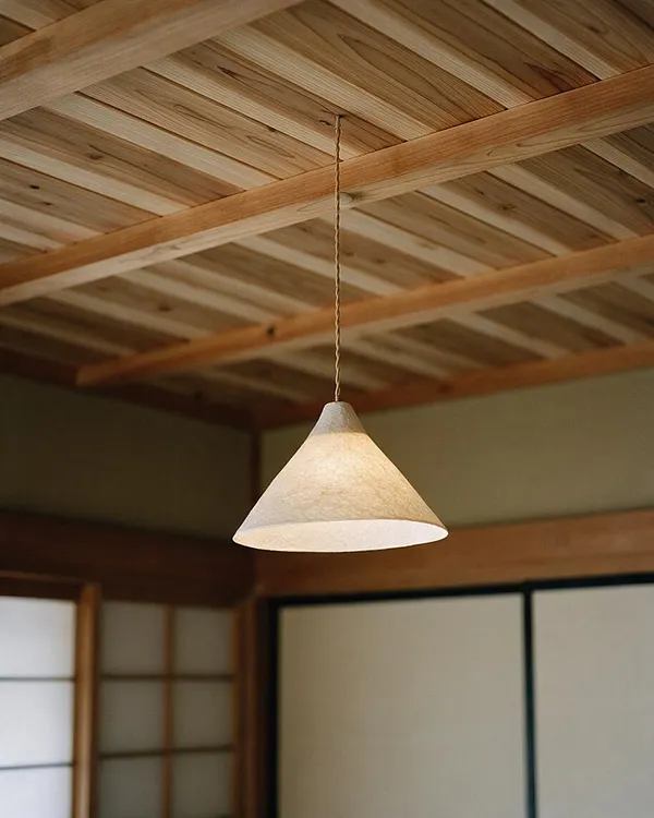 A Japanese Zen interior detail featuring a cone-shaped pendant lamp with a textured cream shade hanging from a twisted cord. The ceiling is made of exposed light wood beams and slatted panels, with shoji-style partitions and neutral wall panels below.