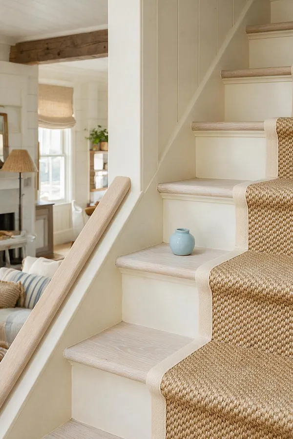 A close-up view of a staircase with pale wood treads and a natural woven runner, bordered by light trim. A small blue ceramic vase sits on one step, while a soft cream handrail and adjacent coastal living room with linen textures and warm wood details appear in the background.
