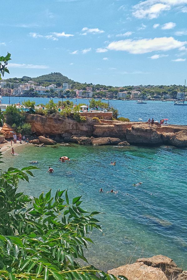 A picturesque coastal scene featuring people enjoying the water and a vibrant shoreline.