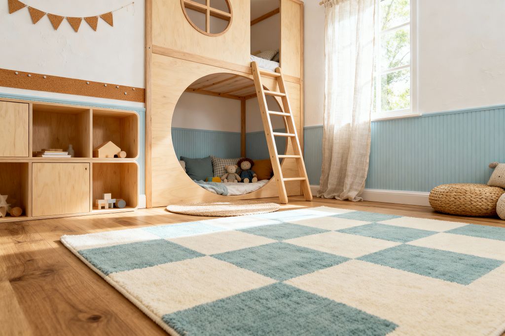 A bright children’s room with a built-in birch plywood loft bed featuring a circular cutout and ladder, with a cozy lower nook filled with cushions and soft toys. The space has powder-blue beadboard wainscoting, warm white plaster walls with a cork rail and bunting, rounded birch storage cubbies, an oak floor, a cream and teal checkered rug, sheer linen curtains at a large window, and a woven seagrass pouf.