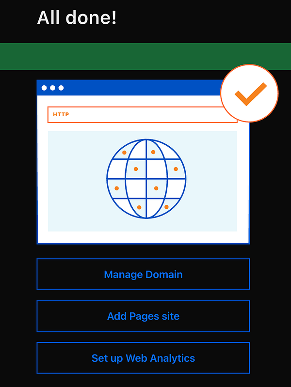 A completion screen for a domain purchase task with options for further actions.