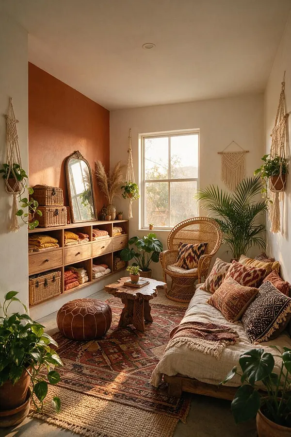 A cozy bohemian closet or dressing room with open wooden cubbies filled with folded textiles and wicker baskets, a leaning mirror, hanging macrame planters, and abundant houseplants. A rattan chair, low carved wood table, layered patterned rugs, and a cushioned daybed with textured pillows create a warm, relaxed seating area.