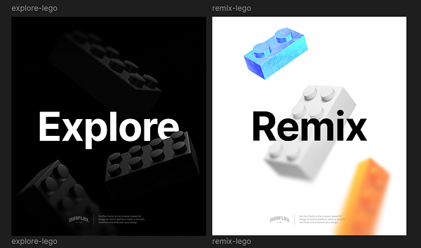 The image features two contrasting posters for Morflax Studio, showcasing LEGO bricks with the words 'Explore' and 'Remix'.