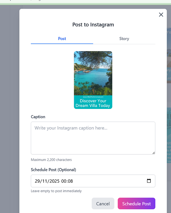 The image displays a user interface for scheduling an Instagram post.