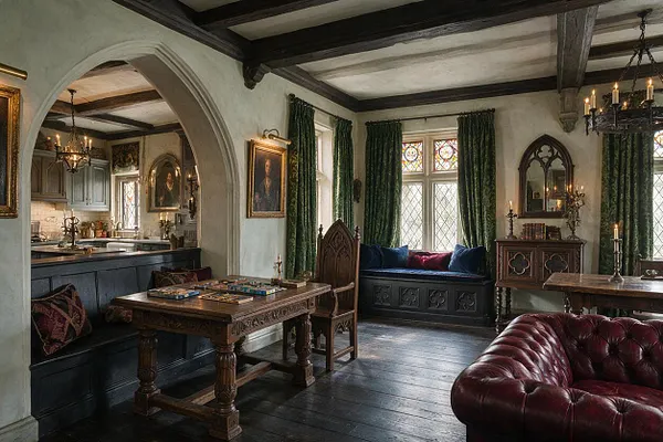 A Gothic-style game room with pointed stone archways, dark wood beams, tall leaded windows, and deep green drapery. The space includes a carved wooden game table, a built-in window seat, candle-style chandeliers, antique portraits, and a burgundy tufted leather sofa in the foreground.