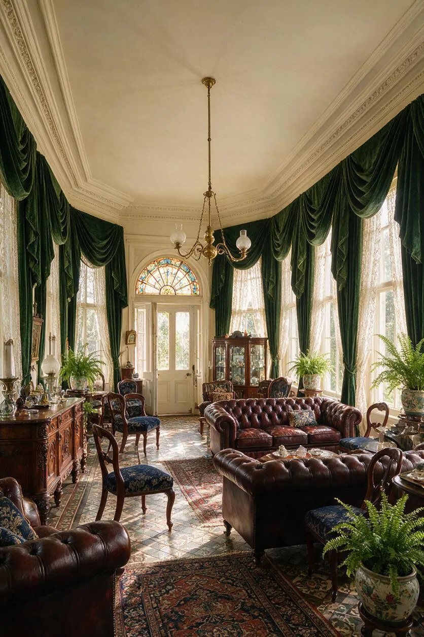 A grand Victorian sunroom with tall arched windows draped in deep green velvet curtains, ornate crown molding, and a brass chandelier centered on the ceiling. The room features tufted burgundy leather sofas, carved wood furniture, patterned rugs, lace sheers, and potted ferns arranged throughout the bright, elegant space.