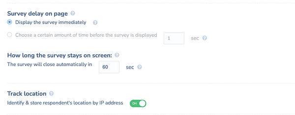 The image displays a user interface for configuring survey settings with various options and toggle switches.