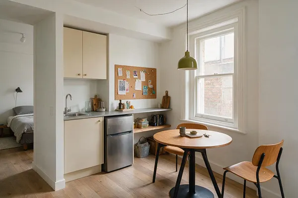 A bright modern studio apartment with a small kitchenette, round wood dining table, and two matching wood-and-black chairs beside a large window. Cream cabinets, a stainless steel mini fridge, corkboard wall decor, and pale wood floors create a clean, airy look, while a glimpse of the sleeping area appears through the open doorway.