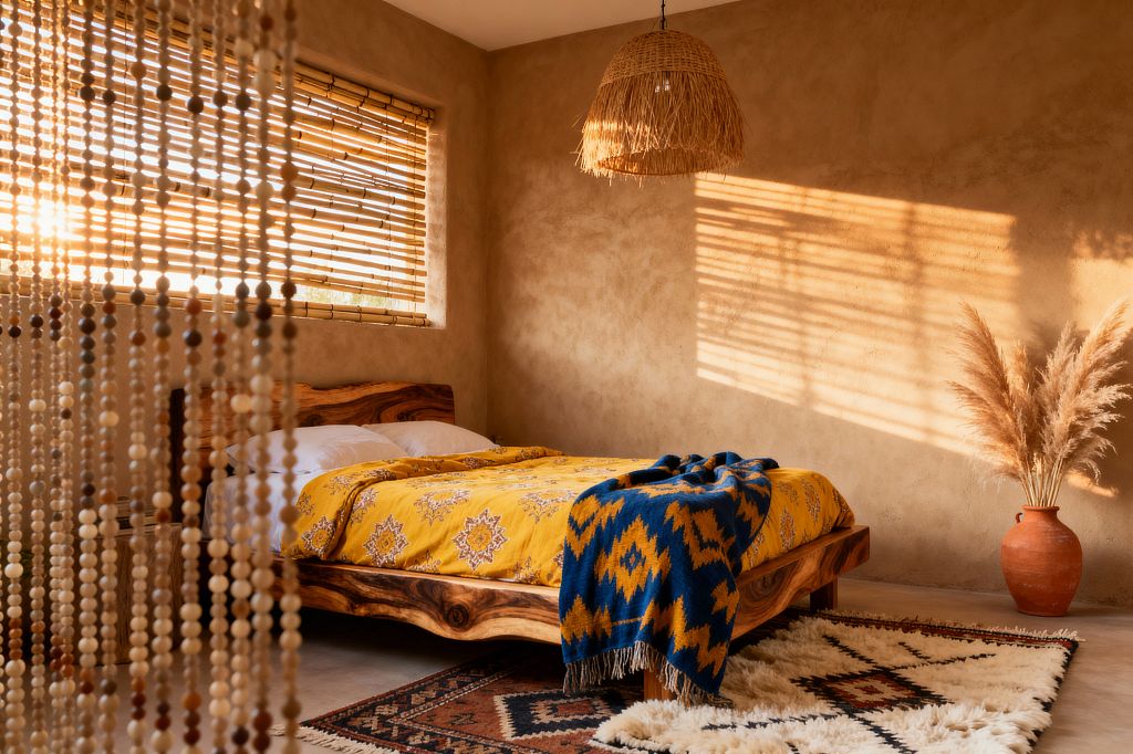 A sunlit bohemian bedroom with tan plaster walls features a live-edge wood platform bed with white pillows, a mustard patterned duvet, and a blue-and-ochre zigzag throw. Bamboo blinds filter light across a woven rattan pendant. In the foreground hangs a natural beaded curtain; on the floor, a plush cream Berber-style rug layers with a geometric kilim. A terracotta pot filled with pampas grass stands in the corner, completing the earthy, textural palette.