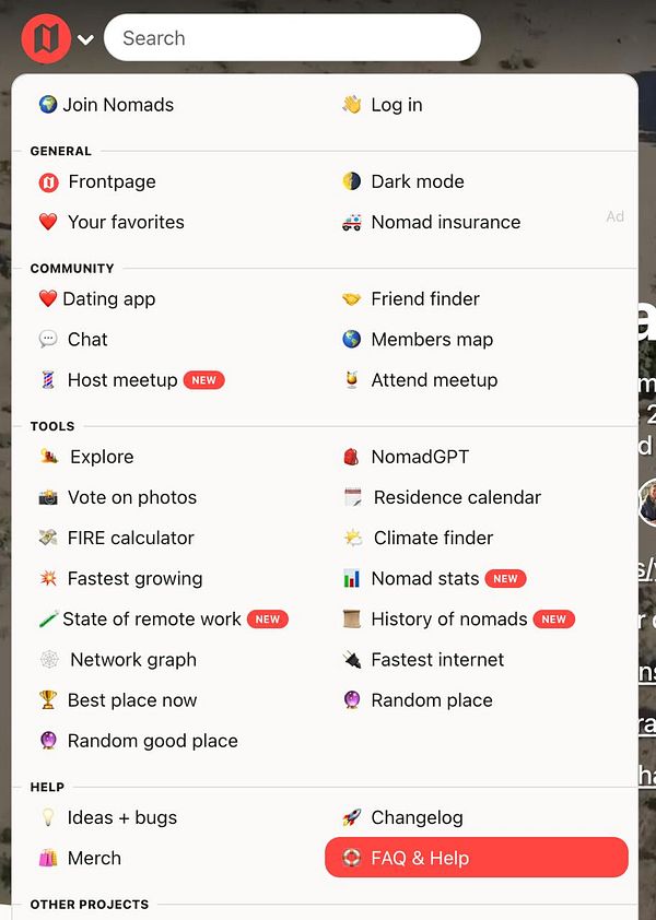 The image displays a user interface menu for a website or application related to nomadic living.
