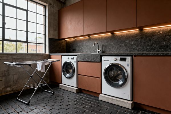A contemporary laundry room features a large grid-style steel window, matte terracotta flat-panel cabinets, and a charcoal stone-look countertop with a matching full-height backsplash. Warm linear under-cabinet lighting highlights a stainless gooseneck faucet and inset sink, while two white front-loading machines sit on concrete plinths above a matte black brick floor; raw concrete walls and a foldable metal drying rack complete the space.