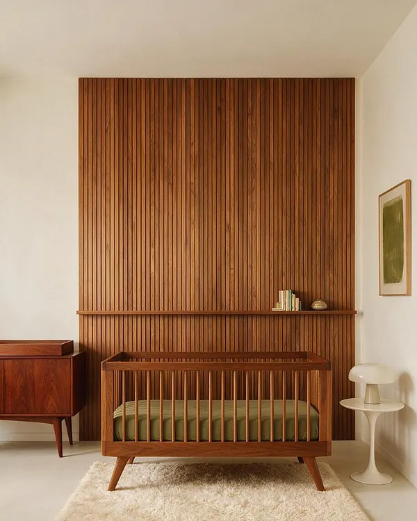 A mid-century modern nursery with a wooden crib centered on a fluffy cream rug, set against a tall vertical slatted wood feature wall. A vintage-style dresser sits to the left, while a small mushroom-shaped side table and framed wall art add soft, minimalist accents on the right.