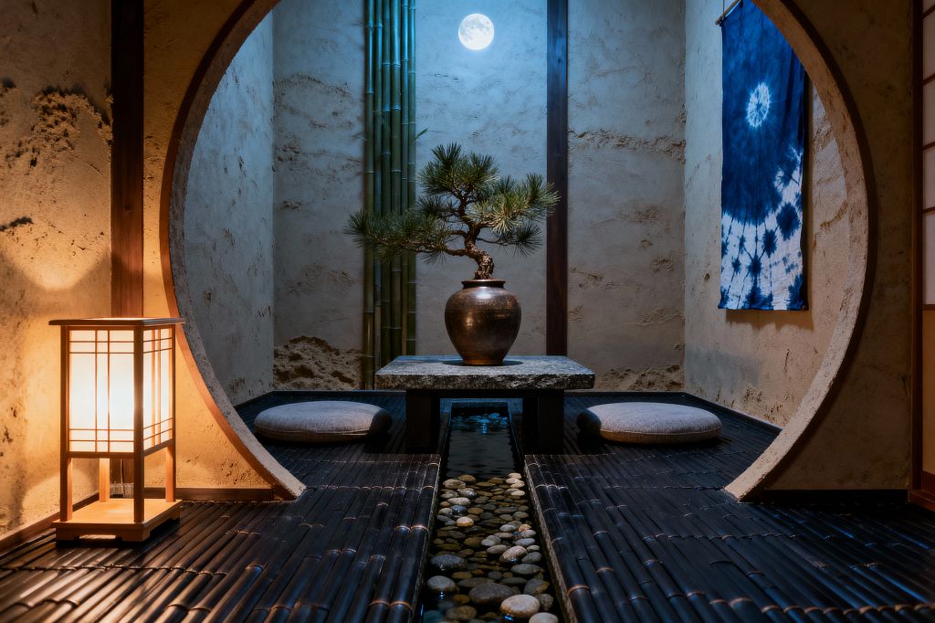 A circular moon gate frames a minimalist alcove with a low stone table holding a bonsai pine in a ceramic vase. Two round floor cushions sit on dark bamboo slat flooring that borders a shallow water rill filled with smooth river pebbles. A wooden shoji lantern casts warm light on textured beige plaster walls, while cool moonlight highlights vertical bamboo and an indigo shibori textile beside a shoji screen.